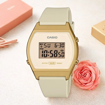 CASIO 卡西歐 運動休閒電子錶-米白x金框 女錶 學生錶 送禮 禮物 推薦(LW-204-9A)