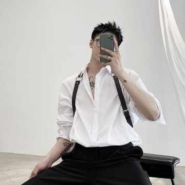 原創設計個性雙肩皮背帶白襯衫男長袖發型師潮牌男裝時尚休閑上衣