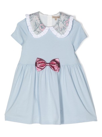 Hucklebones London - bow-detail ruffle-collar dress - kids - Cotton/Modal - 8 yrs - Blue