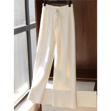 奢華質感100%澳洲全羊毛闊腿褲女秋冬外穿加長垂墜感針織拖地褲子