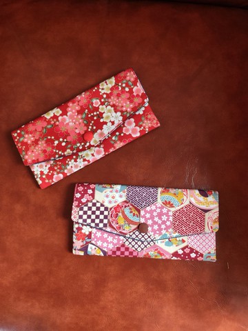 雙層紅包袋/存摺袋/手機袋/錢包/紅色燙金花/桃紅色六角