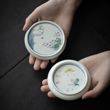 陶瓷手繪蓋置 茶壺蓋子蓋碗蓋托 中式茶杯墊隔熱墊圓形杯托盤