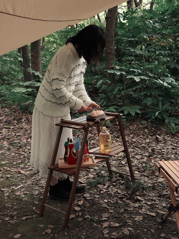 Fantasy Garden夢花園雙層實木置物架戶外露營燒烤野餐收納儲物架