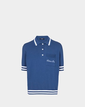 BALMAIN 條紋滾邊刺繡羊毛感 Polo 衫 - 藍 - M