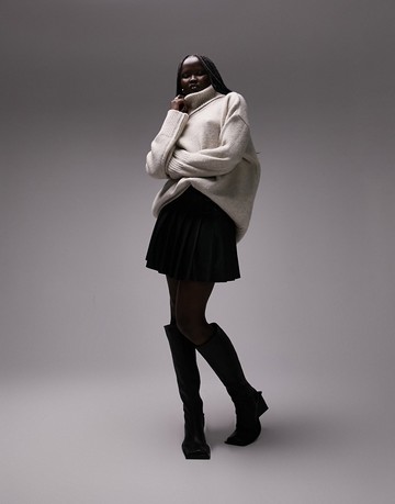 Topshop knitted oversized roll neck jumper in stone-Neutral