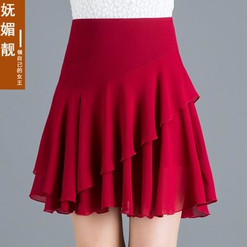 新款防走光雪紡短裙半身裙夏大碼a字裙拉鏈裙荷葉邊跳舞裙女裙子