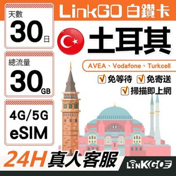 【LinkGO】白鑽卡 土耳其 eSIM卡 30天上網卡 總流量30GB 高速流量(土耳其網卡 伊斯坦堡 卡帕多奇亞)