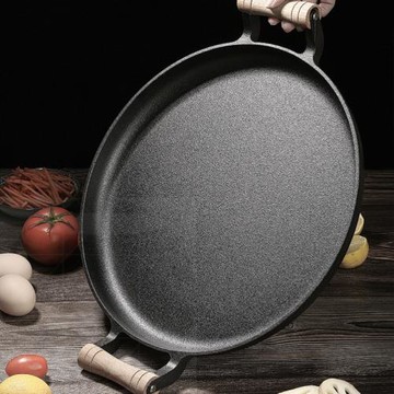 加厚木柄雙耳平底鍋無涂層不粘煎鍋生鐵鏊子煎餅果子鍋烙餅鍋餅鐺