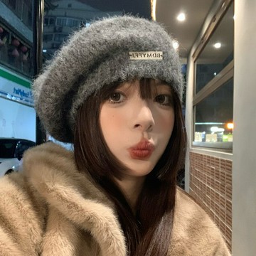 馬海毛針織貝雷帽女冬季2023新款日系百搭大頭圍灰色毛線畫家帽子