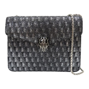 【二手名牌BRAND OFF】BVLGARI 寶格麗 黑色 亮面特殊皮革 Serpenti Forever 肩背包