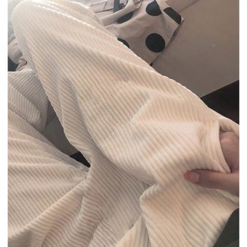 米色燈芯絨闊腿褲女春秋冬高腰加絨日系休閑寬松直筒糯米褲子遛彎
