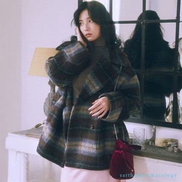 〚earth music〛蓬鬆毛絨格紋圖案寬版翻領大衣外套