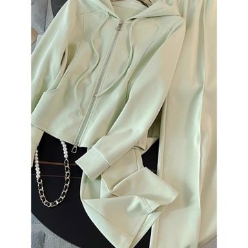 十三行爆款~秋冬高級洋氣顯瘦拉鏈連帽上衣休閑運動闊腿褲兩件套