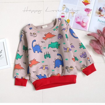 厚款 繽紛塗鴉恐龍家族刷毛上衣 秋冬童裝 男童上衣 男童長袖 男童棉T 男童T恤 長袖上衣 刷毛上衣