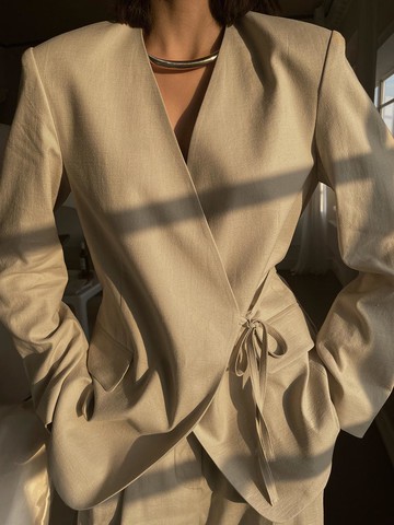 Linen No-Collar Structured Jacket [Beige]