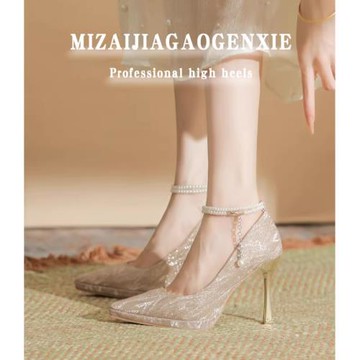 瞇仔家 防水臺細跟高跟鞋設計感小眾尖頭水晶婚鞋女2025新款春秋