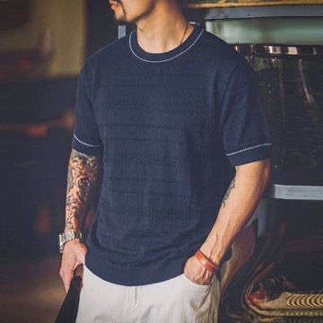 Wuluwear 天絲亞麻提花針織短袖T恤男夏季薄款老錢風透氣微闊休閒通勤上衣