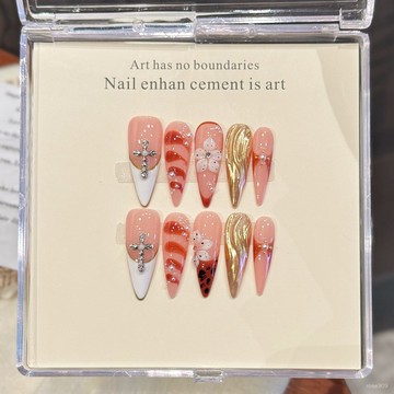 💟加一手工甲💅🏻藝禾原創【聖潔十字】長尖魔鏡粉法式搭配歐美純手工按壓式假指甲純手工穿戴甲 PNVF