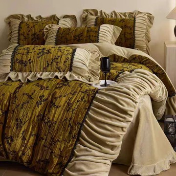 法式復古金絲絨牛奶絨四件套公主褶皺花邊珊瑚絨被套床單床上用品