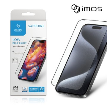 imos iPhone 15 Pro Max 6.7吋 9M滿版黑邊RPF60低藍光螢幕保護貼(人造藍寶石)