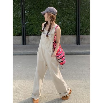 奶fufu米白色工裝背帶褲女夏2026新款顯瘦小個子韓系多巴胺休閑褲