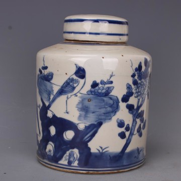 清光緒青花花鳥茶葉罐仿古老貨瓷器家居中式擺件古董古玩博古收藏1入