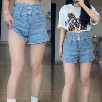【隔日達】M-5XL 大尺碼微胖美式熱辣牛仔短褲梨形身材高腰胖mm小個子a字闊腿熱褲夏