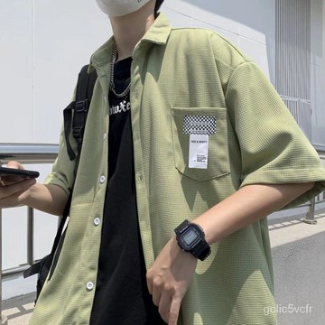 華夫格襯衫男 短袖男 夏季短袖襯衫 牛油果綠半袖 潮牌短袖男 休閒襯衣 短袖外套 短袖襯衫男 大碼襯衫 大尺碼襯衣男