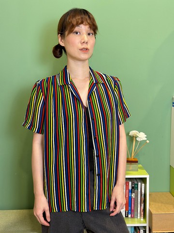 彩條雪紡短袖襯衫