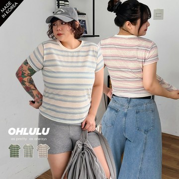 Ohlulu韓製/中大尺碼/柔和橫紋配色微透圓領上衣３色【A01260428】正韓260625 百搭單品 棉花糖0702