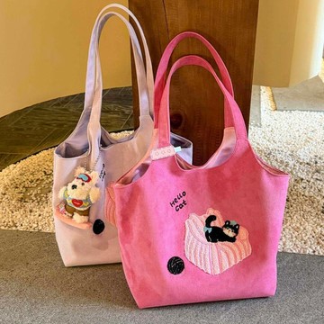 🍀初夏上新🍀韓系貓咪刺繡百搭日常單肩托特包女2026新款大容量上學通勤帆布包