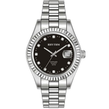 Rhythm 日本麗聲鐘時針 時尚真鑽日期顯示機械腕錶  (RQ1610S02) 黑x銀 / 20.5mm｜樂天全館特惠中★指定刷卡回饋10%