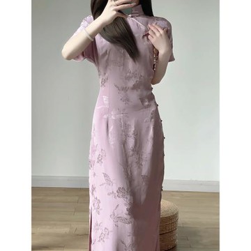 國風紫色連衣裙全開襟改良旗袍