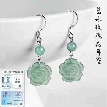 S925銀鑲冰種藍水玫瑰花耳環飾品 防過敏玉耳環耳墜 時尚百搭精致女生耳環 天然緬甸玉a貨翡翠耳環首飾 保真（附證書）