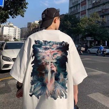 新款 ins潮牌 寬鬆 嘻哈 美式復古 夏季 圓領短袖 圖案印花t 五分袖 短袖男 男t 男生T恤（XB1424）