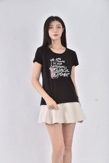 (L) baleno棉質純棉印花黑色短袖上衣