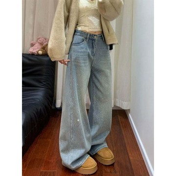 美式高街燙鑽牛仔褲女 春季新款胖mm高腰寬鬆顯瘦直筒褲 闊腿長褲 美式復古牛仔褲 小個子直筒 寬褲 大碼胖mm高腰牛仔褲