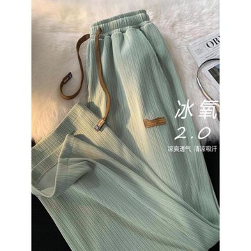 秋冬季綠色運動褲女小個子寬松直筒防曬大碼休閑闊腿褲子高腰垂感