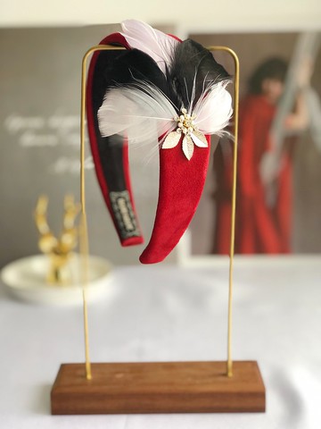 原創紅黑白羽毛花朵髮箍