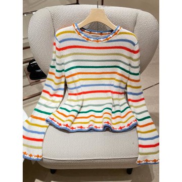 彩色條紋針織衫輕奢高定2025秋新款溫柔減齡毛衣小香風喇叭袖上衣