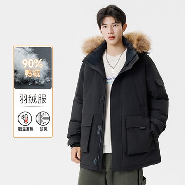 【夏日爆款】男士鼕季2025新款工裝派剋時尚毛領羽絨服