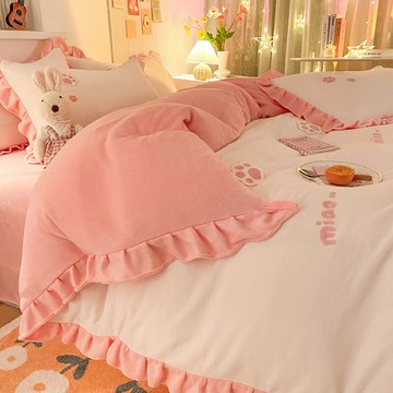 粉公主風牛奶絨四件套冬季加厚雙面珊瑚絨法蘭絨被套床單三件套女