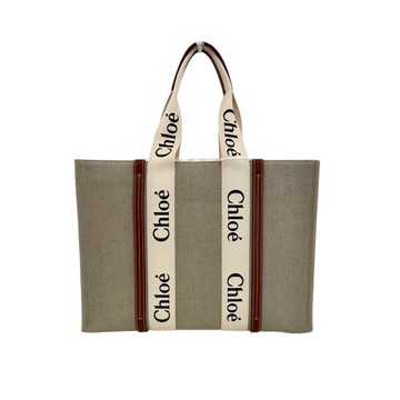 Chloe 大款皮革飾邊亞麻帆布Woody 包 棕色