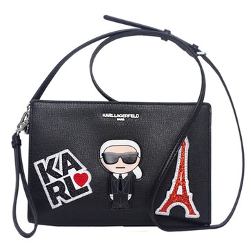 KARL LAGERFELD 卡爾 Q版老佛爺人像LOGO防刮皮革手拿&斜背包(黑色)