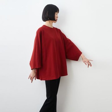 兩色 漿果紅肌理純棉針織極簡大T恤衫小魚秋季寬松百搭大碼女上衣