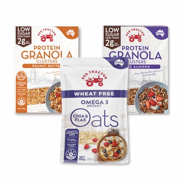 【澳洲Red Tractor紅色拖拉機】奇亞籽& 亞麻籽Omega 3 燕麥片500g( WHEAT FREE無小麥)+低糖烘烤堅果穀物燕麥片450g(巧克力杏仁)+低糖烘烤堅果穀物燕麥片450g(花生海鹽)