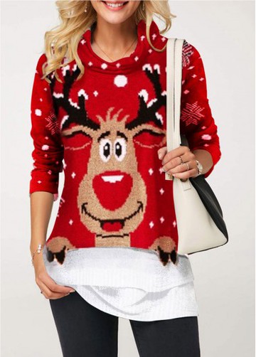 Cowl Neck Elk Print Christmas T Shirt