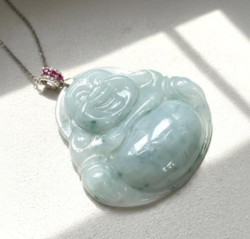 冰糯種飄藍花翡翠彌勒佛項鍊 925純銀 | 天然緬甸玉翡翠A貨 |送禮