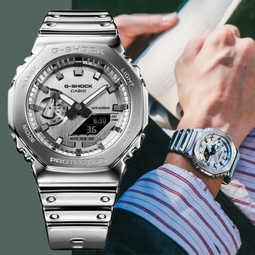 CASIO 卡西歐 G-SHOCK 精緻銀色 金屬殼矽膠帶 八角形雙顯錶 GM-2100YM-8A