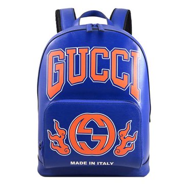 GUCCI 704017 龍年限定火焰燙印LOGO皮革大後背包.寶藍